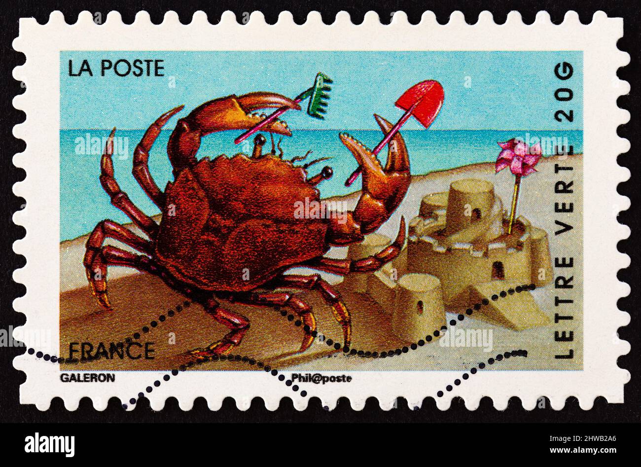 FRANCE - CIRCA 2014: A stamp printed in France from the 'Holiday' issue shows crab, circa 2014. Stock Photo