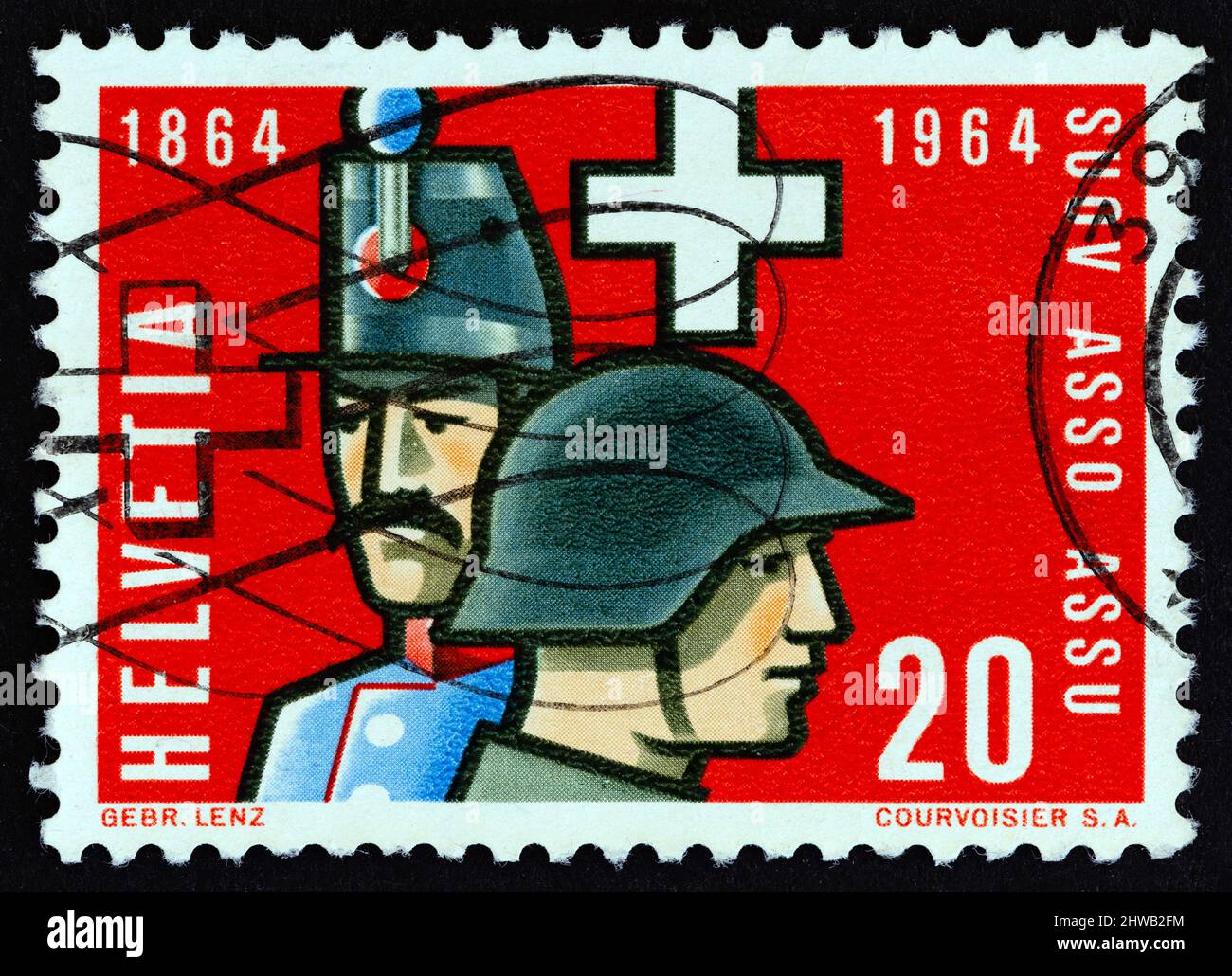 SWITZERLAND - CIRCA 1964: A stamp printed in Switzerland shows Swiss Noncommissioned Officers of 1864 and 1964, circa 1964. Stock Photo