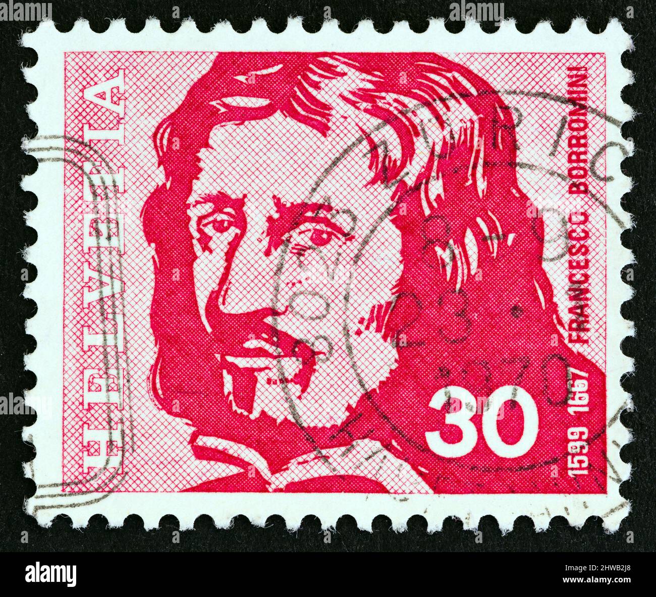 SWITZERLAND - CIRCA 1969: A stamp printed in Switzerland from the 'Swiss Celebrities' issue shows architect Francesco Borromini, circa 1969. Stock Photo