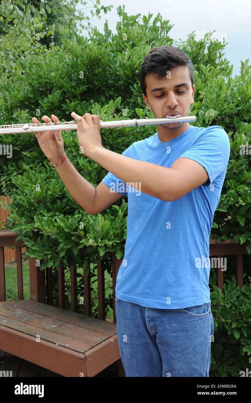 Mumbai Aug 17 2018 Indian Asian young flute music playing professional