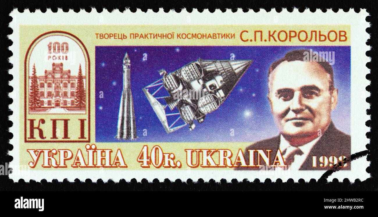 UKRAINE - CIRCA 1998: A stamp printed in Ukraine shows rocket engineer Sergei Pavlovich Korolev, circa 1998. Stock Photo