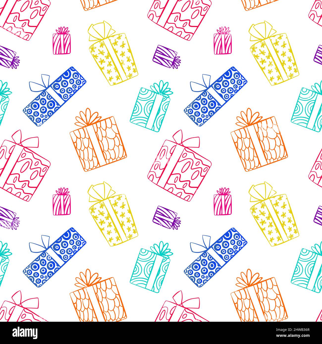 Seamless pattern with hand drawn present boxes on white background ...