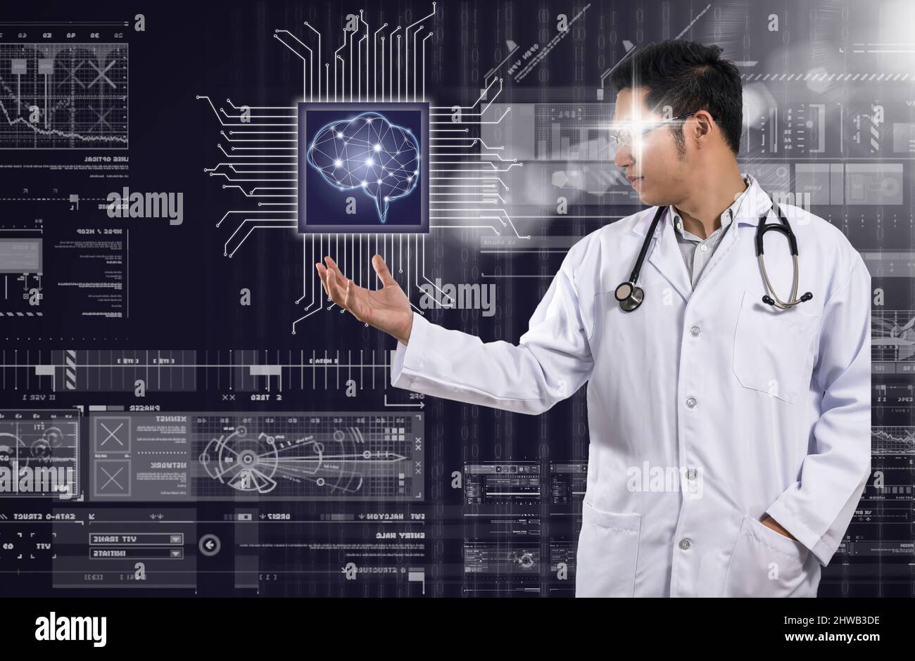 Asian Doctor with the stethoscope equipment hand holding the Artificial intelligence of brain