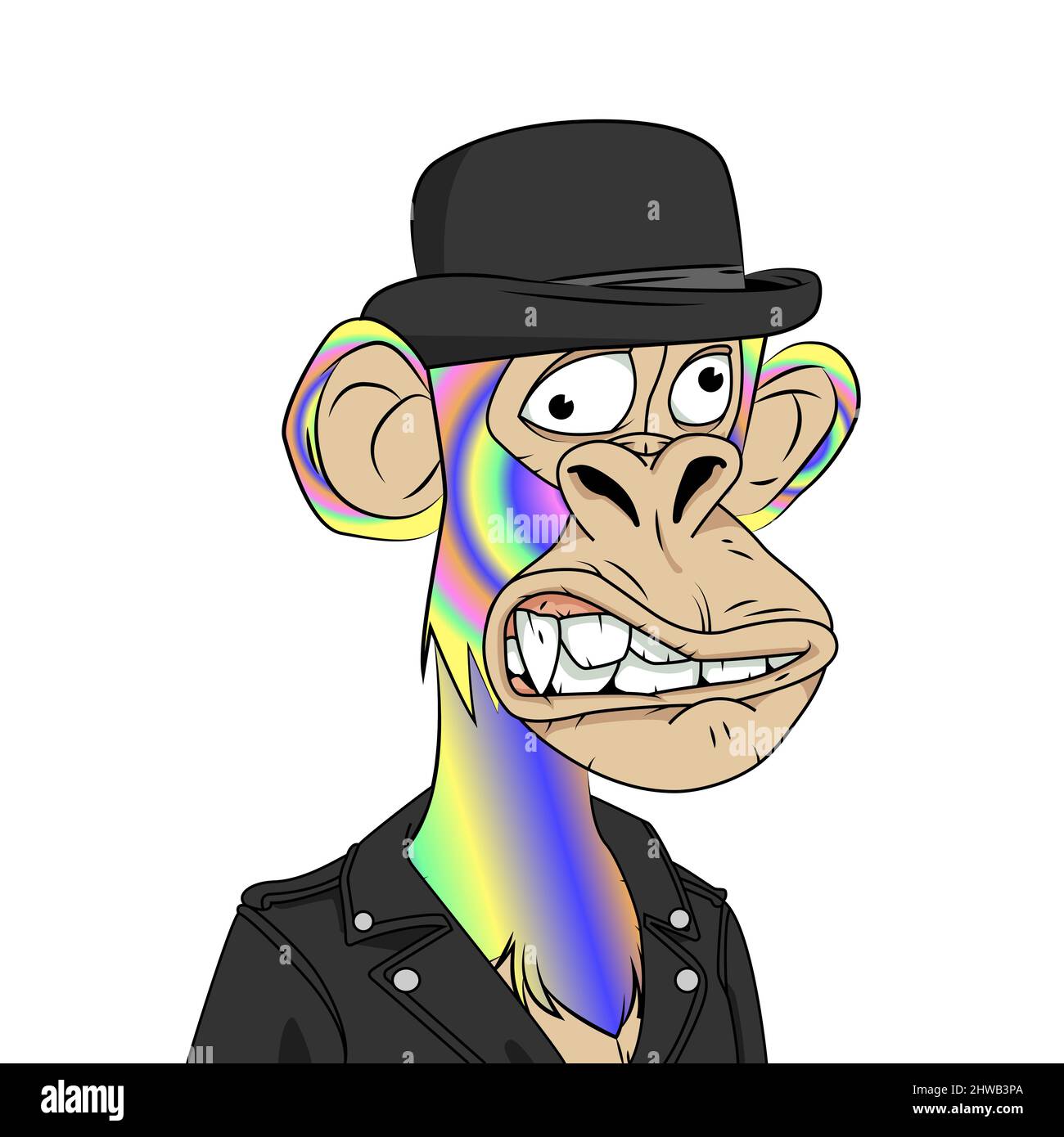 Bored ape yacht club rare NFT artwork. Trippy monkey with crazy expression hat and leather jacket costume. Crypto graphic flat vector illustration. Stock Vector