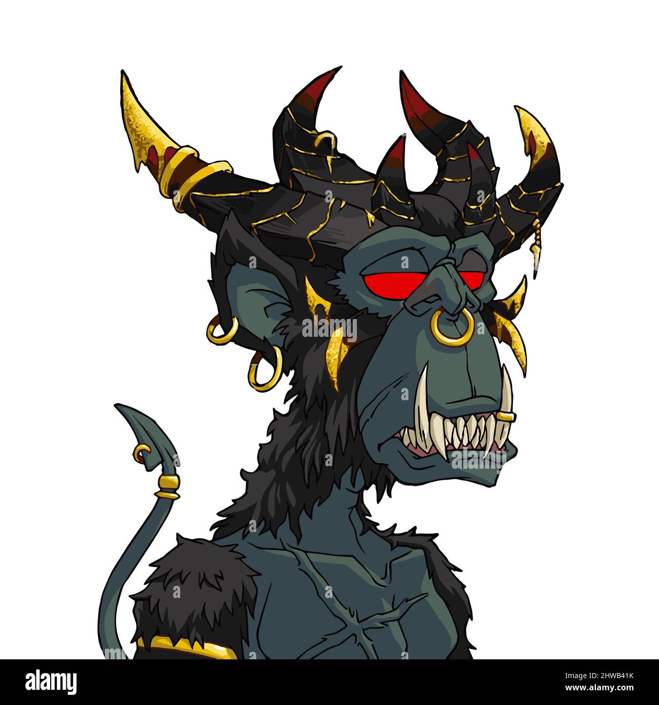 Mutant ape yacht club NFT artwork. Demonic evil monkey with horns and red eyes. Crypto graphic asset . Flat vector illustration. Stock Vector