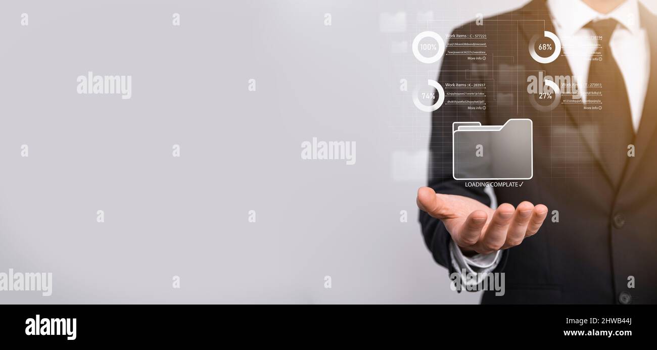 Business developer hand using board framework on virtual modern computer showing innovation Agile software development lean project management tool fa Stock Photo
