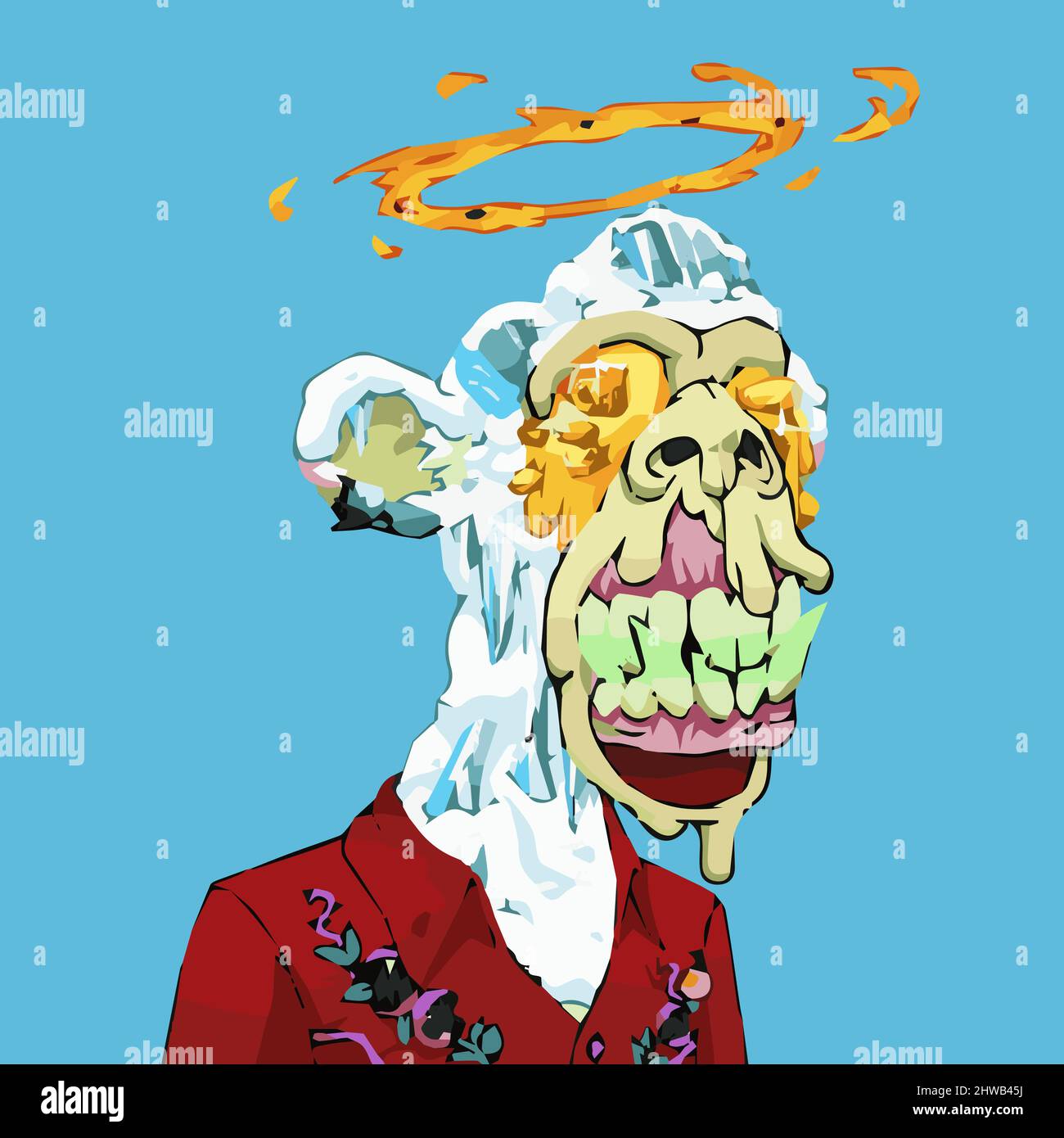 Mutant ape yacht club NFT artwork. Angry frozen bored monkey with red