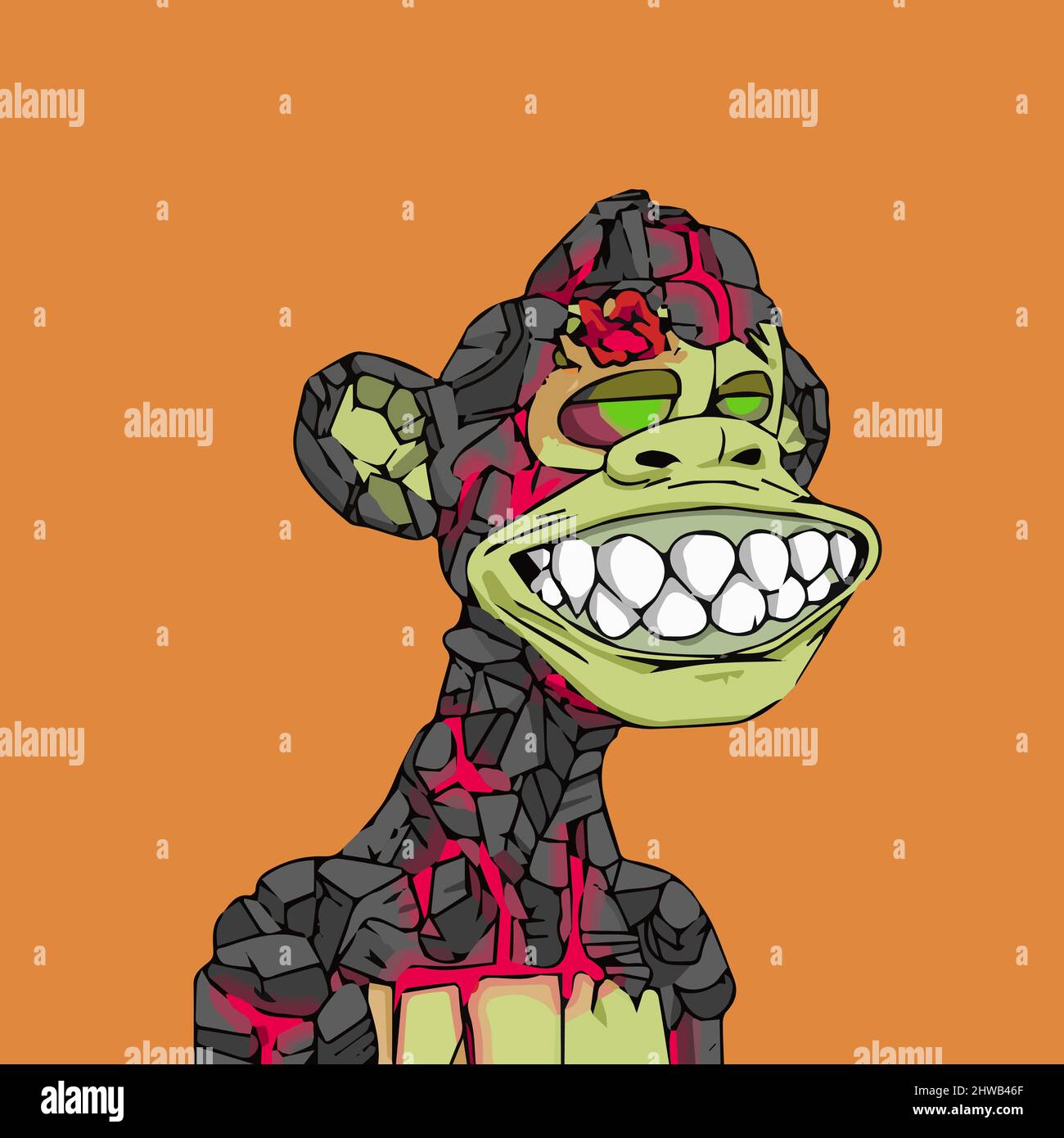 Mutant ape yacht club NFT artwork. Bored smiling rocky lava monkey. Crypto graphic asset. Flat vector illustration. Stock Vector