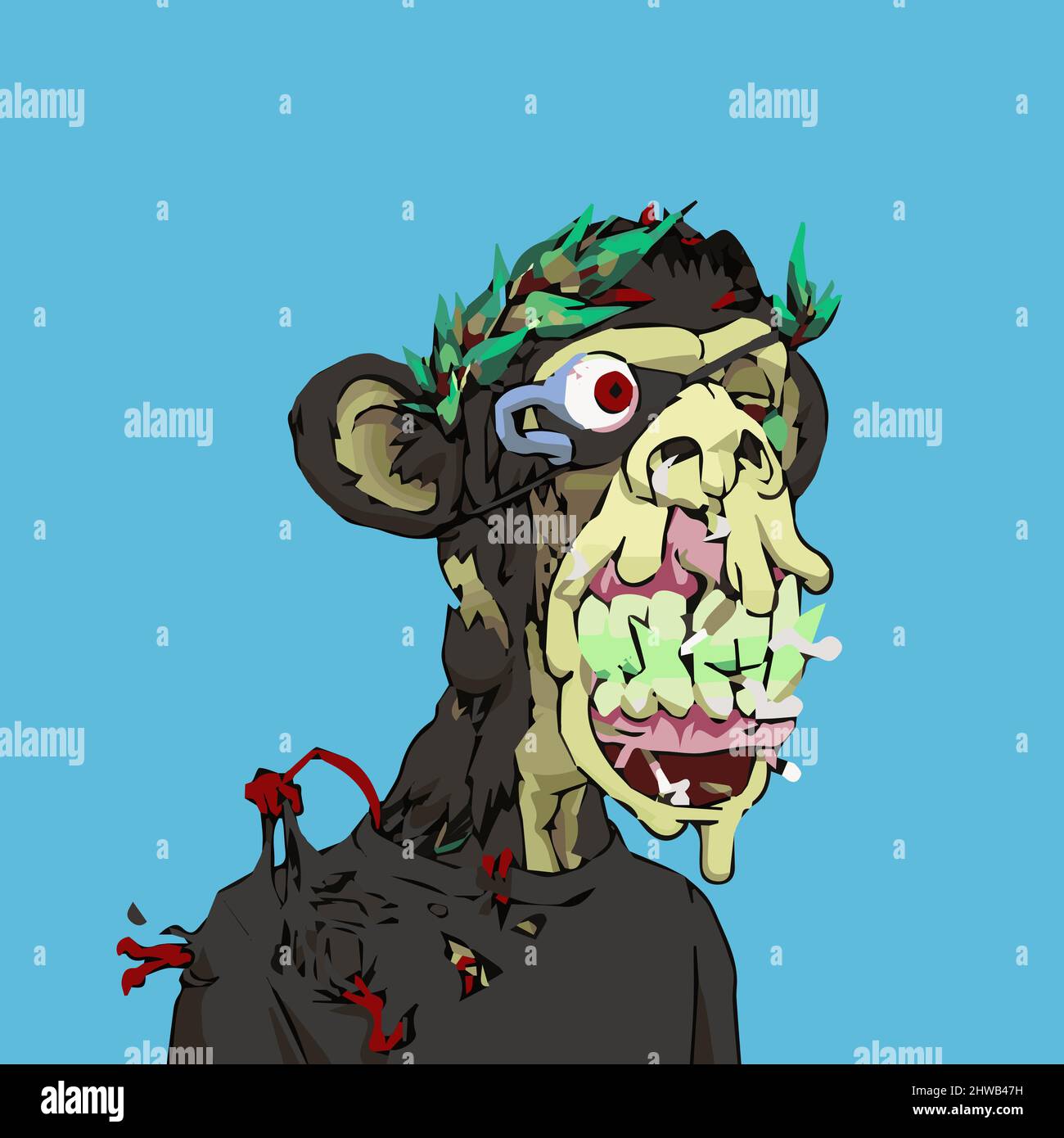 Mutant ape yacht club NFT artwork. Melting bored black monkey. Crypto graphic asset. Flat vector illustration. Stock Vector