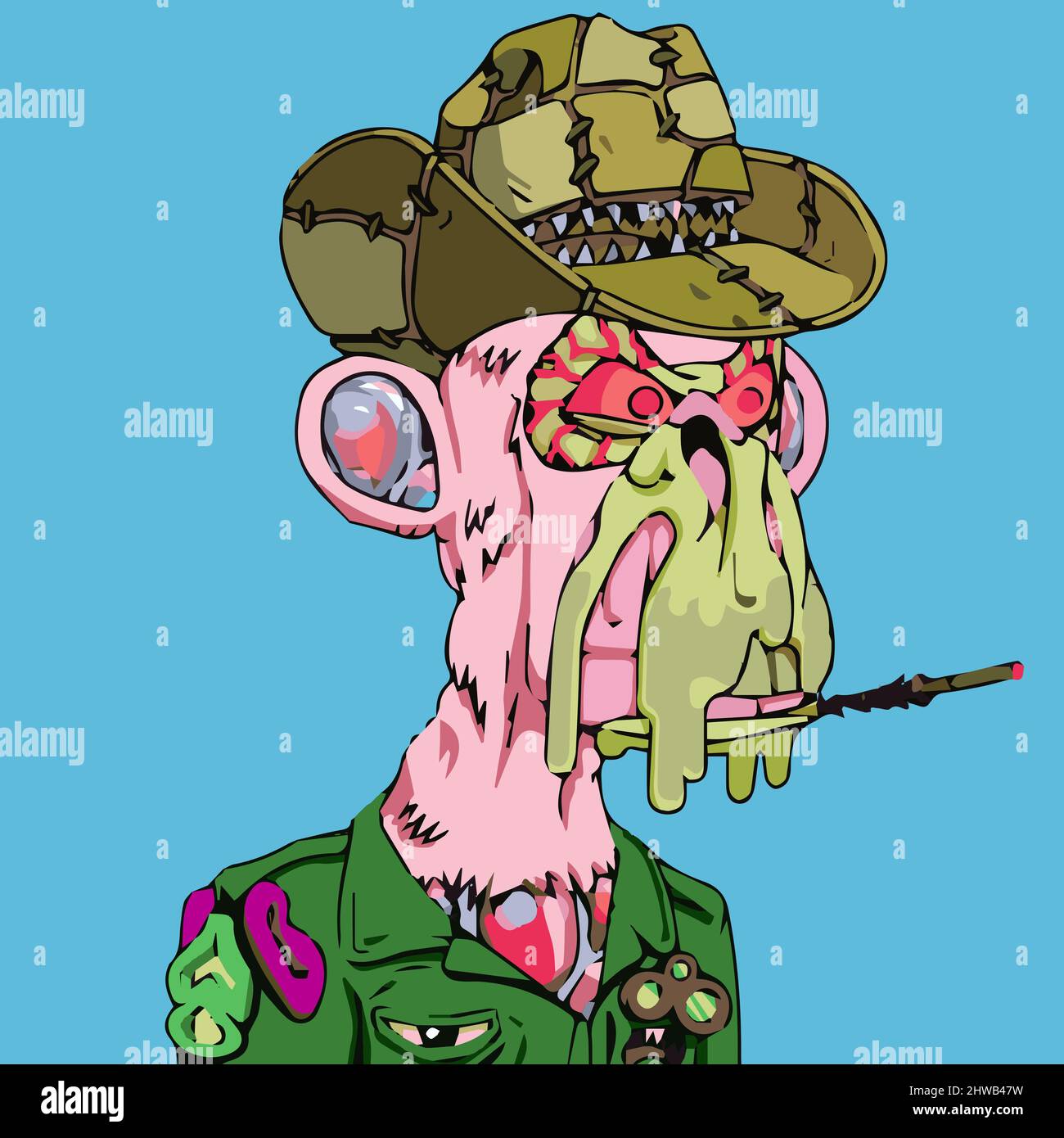 Mutant ape yacht club NFT artwork. Melting bored pink monkey wearing hat and shirt. Crypto graphic asset. Flat vector illustration. Stock Vector