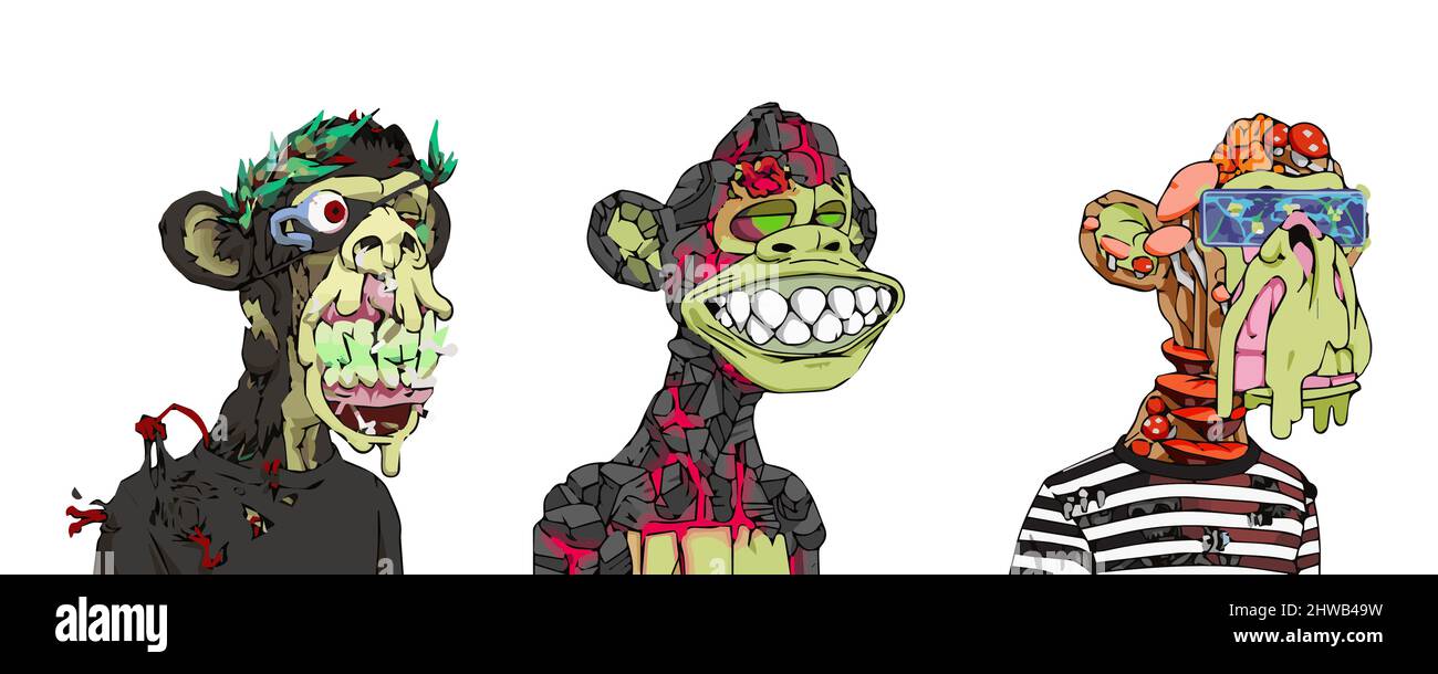 Muntant ape yacht club NFT artwork collection. Mutated bored monkey set