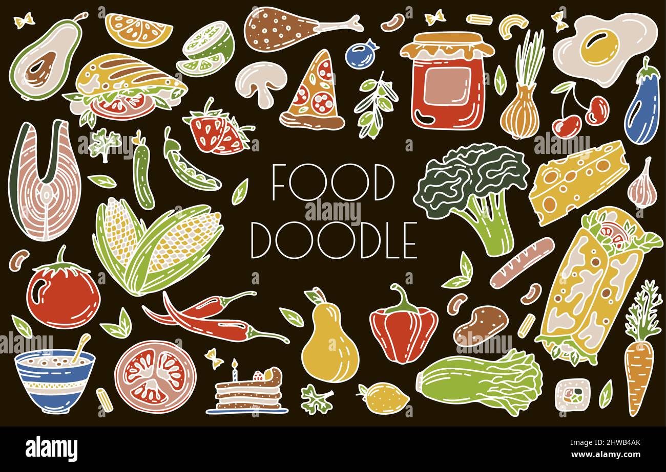 Vector Food Doodle Icons. Hand Made Line Art set. Menu Restaurant. Sketch illustration of healthy food. Logotype Symbol Design Stock Vector