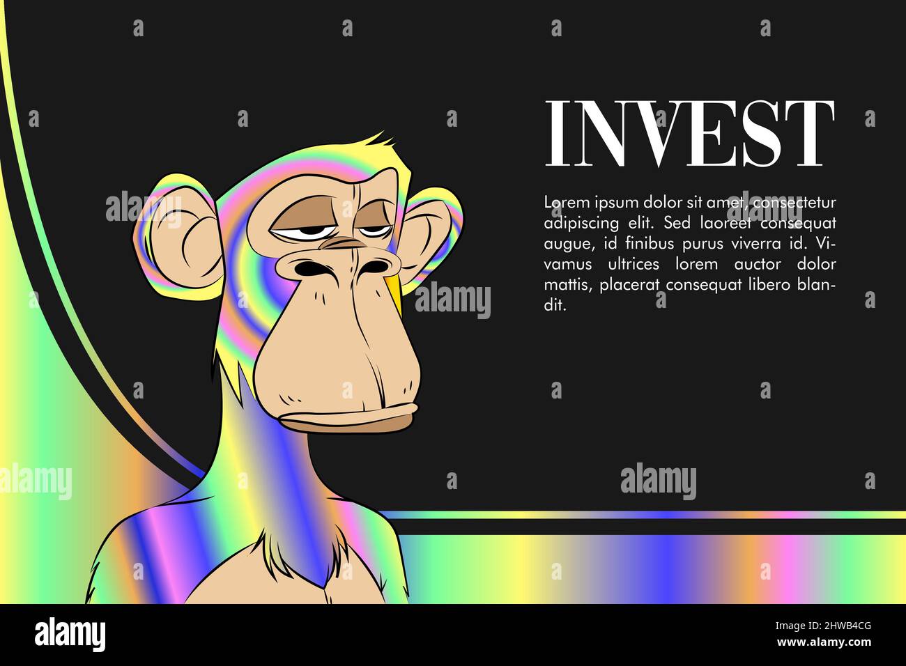 Bored ape yacht club NFT artwork. Trippy monkey in crypto invest graphic banner. Flat vector illustration. Stock Vector
