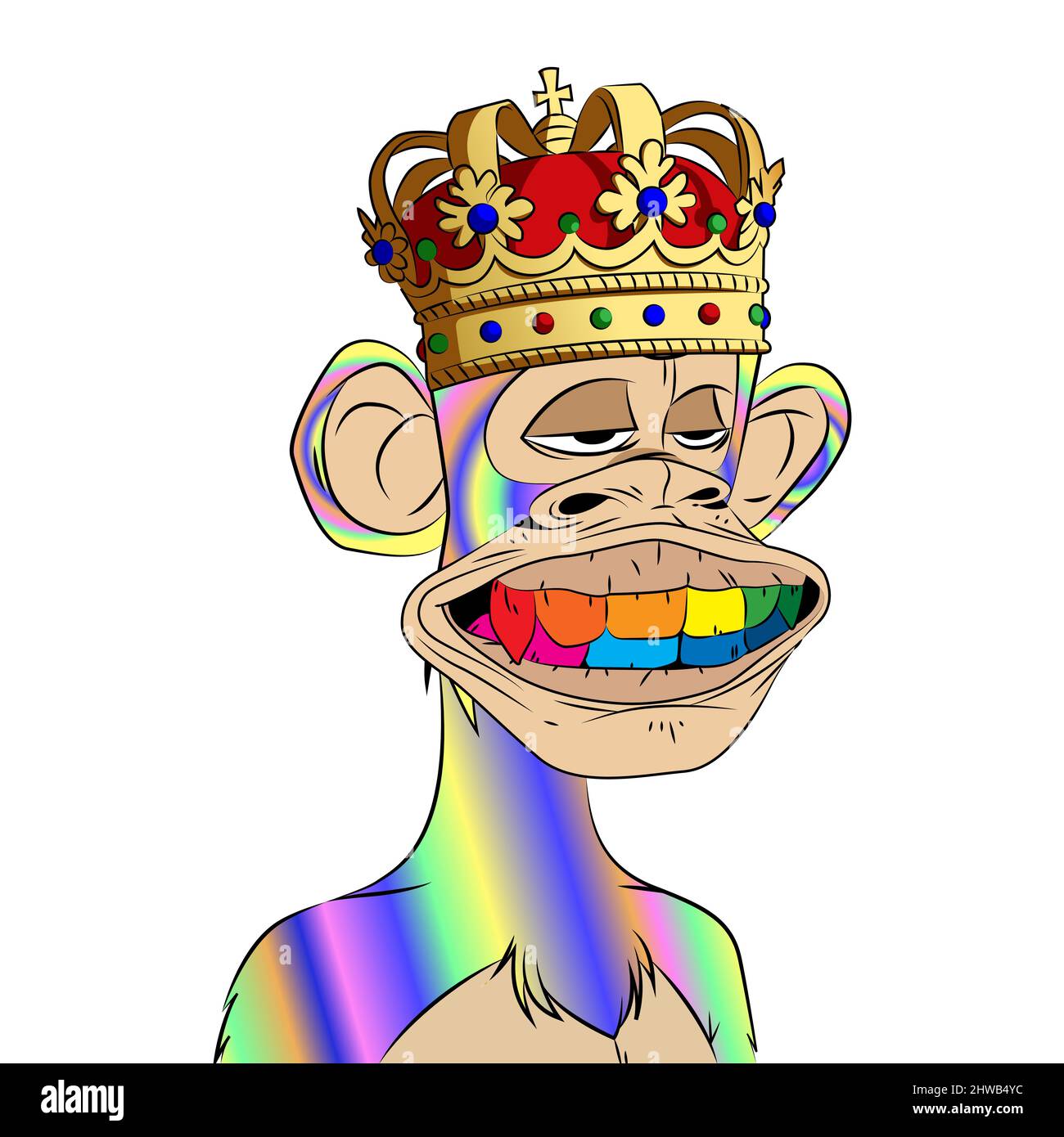 Bored ape yacht club NFT artwork. Trippy king ape with rainbow color teeth. Crypto graphic asset . Flat vector illustration. Stock Vector