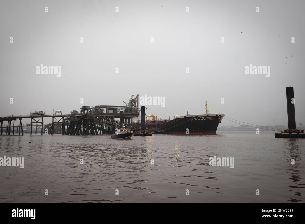 The German flagged tanker Seacod, berthed at the Tranmere Oil Terminal, Wirral on 3rd March, 2022 and believed to be carrying a cargo of oil which was being transported from the port of Primorsk, Russia. Stock Photo