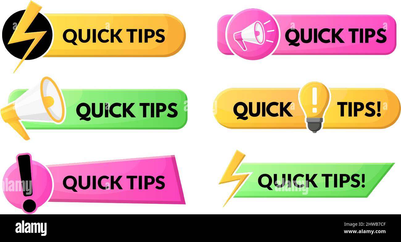 Quick tips and tricks helpful bars, advice, useful clue logos. Light bulb helpful tricks, prompts and suggestion vector symbols set. Abstract quick Stock Vector