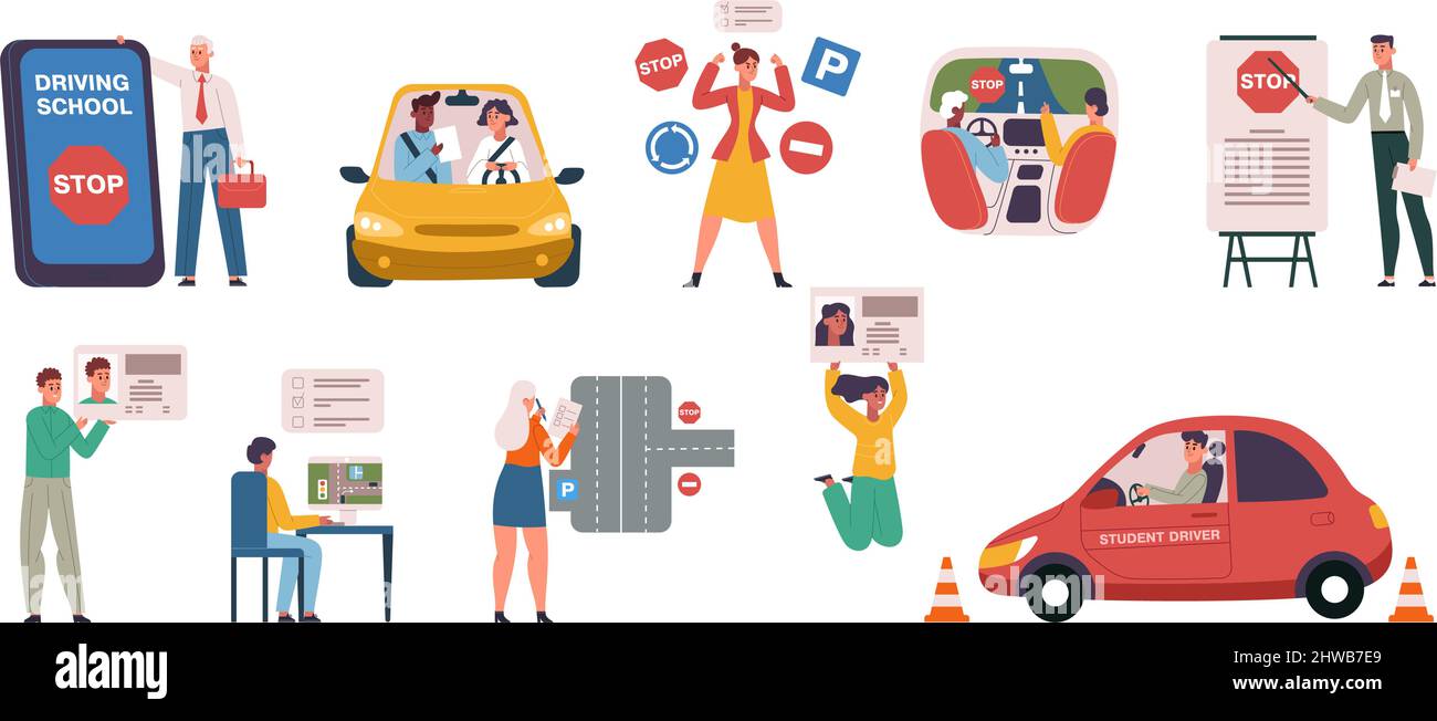 Driving auto school, driving lessons, instruction and exam scenes