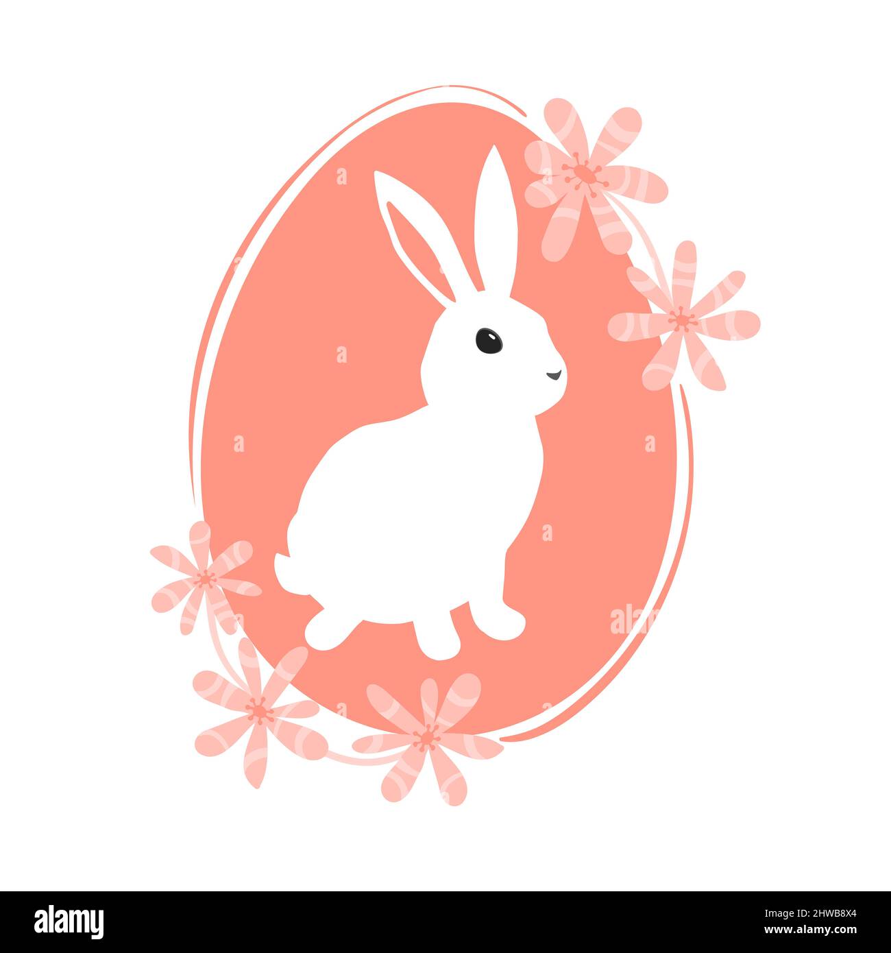 Bunny in Easter Egg and pink flowers around Egg. Vector illustration ...