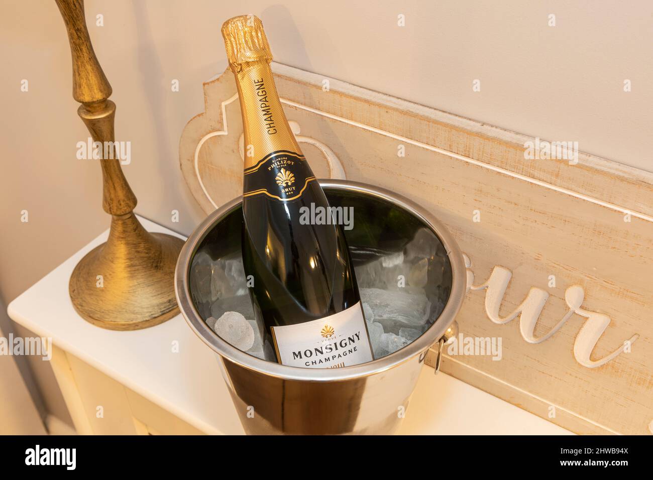A bottle of Champagne in an ice bucket Stock Photo Alamy