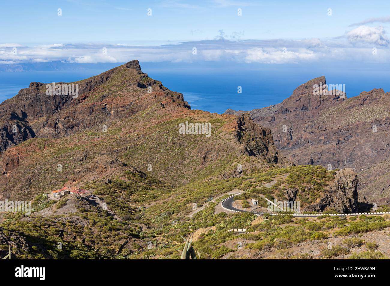 Serpentine switchback at Mirador de Cherfe, Teno mountain range, Tenerife, Spain Stock Photo
