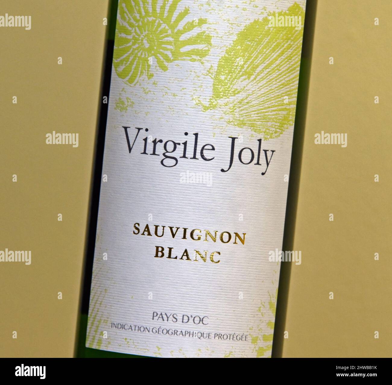 Wine label. Virgile Joly. Sauvignon Blanc. Pays D'Oc. Indication geographique protege. Stock Photo