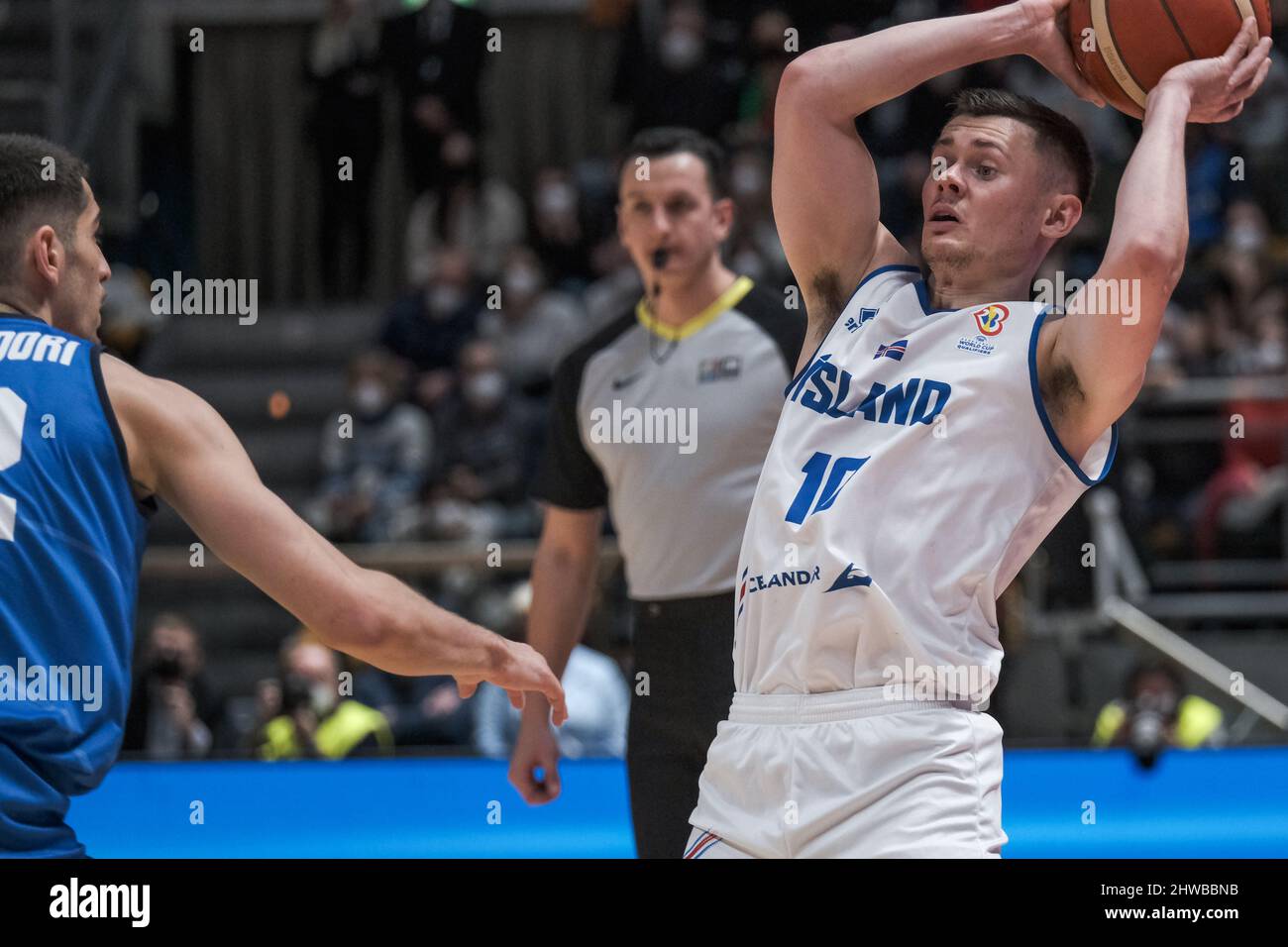 Bologna, Italy. 27th Feb, 2022. Elvar Fridriksson (Iceland) in action at the qualify for the FIBA Basketball World Cup 2023.Italy wins against Iceland with a score of 95 to 87. (Credit Image: © Elena Vizzoca/Pacific Press via ZUMA Press Wire) Stock Photo