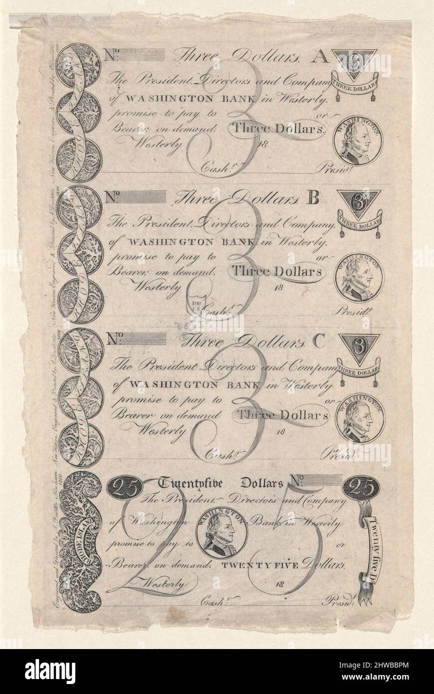 Uncut sheet of four notes of paper currency for Washington Bank, Westerly, Rhode Island.  Artist: Amos Doolittle, American, 1754–1832 Stock Photo