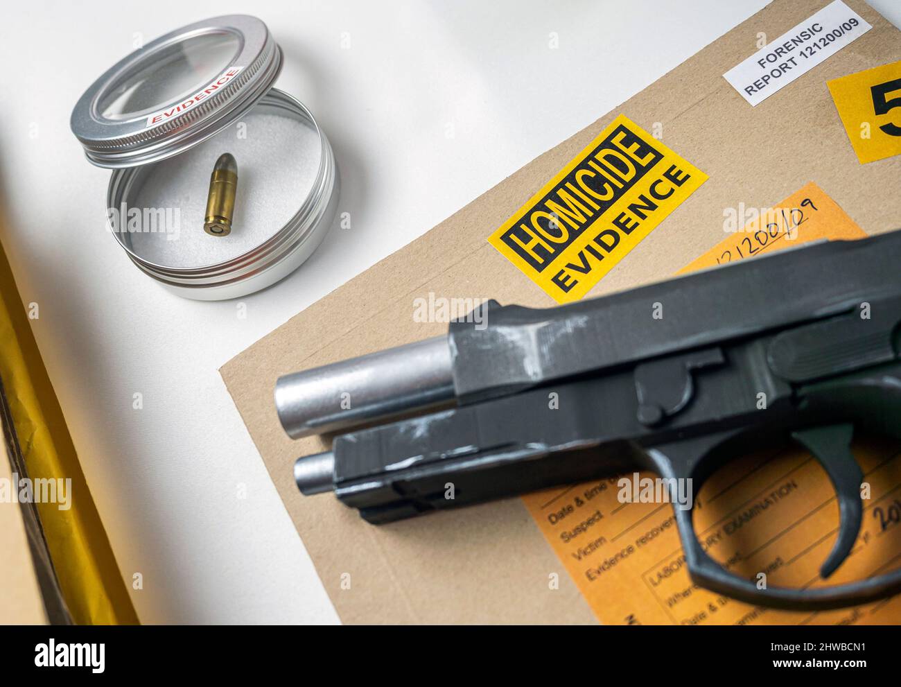 Criminalistic Laboratory, Bullet shell analysis, conceptual image Stock Photo