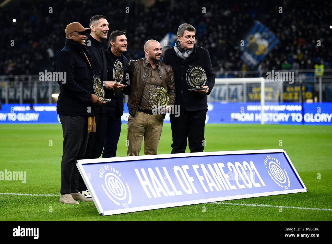Milan, Italy. 04 March 2022. Samuele Eto'o, Marco Materazzi, Javier Zanetti and Gianluca Pagliuca pose for a photo prior to the Serie A football match between FC Internazionale and US Salernitana. Credit: Nicolò Campo/Alamy Live News Stock Photo