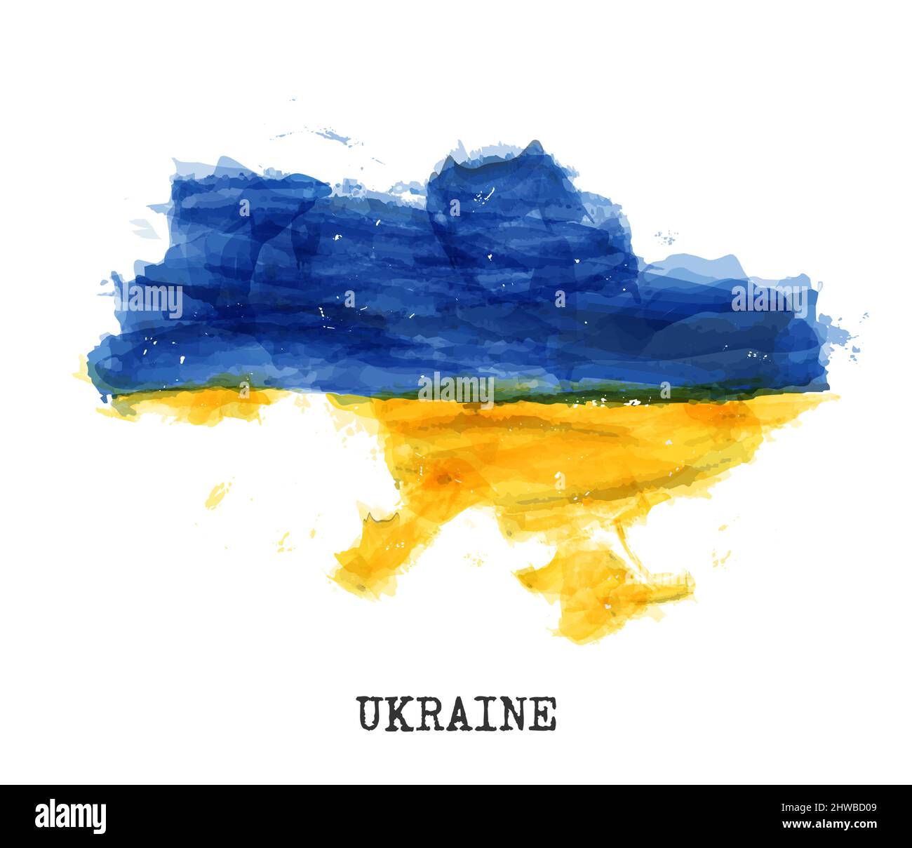 Ukraine map and flag watercolor painting design . Realistic drawing country shape . White isolated background . Vector . Stock Vector
