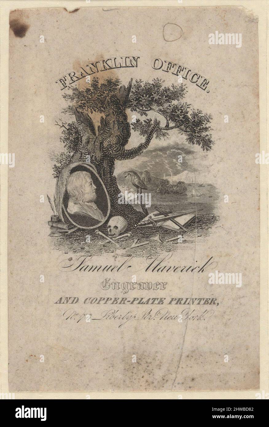 Trade card of Samuel Maverick. Engraver & Copper-plate printer.  Artist: Samuel Maverick, American, 1789–1845 Stock Photo