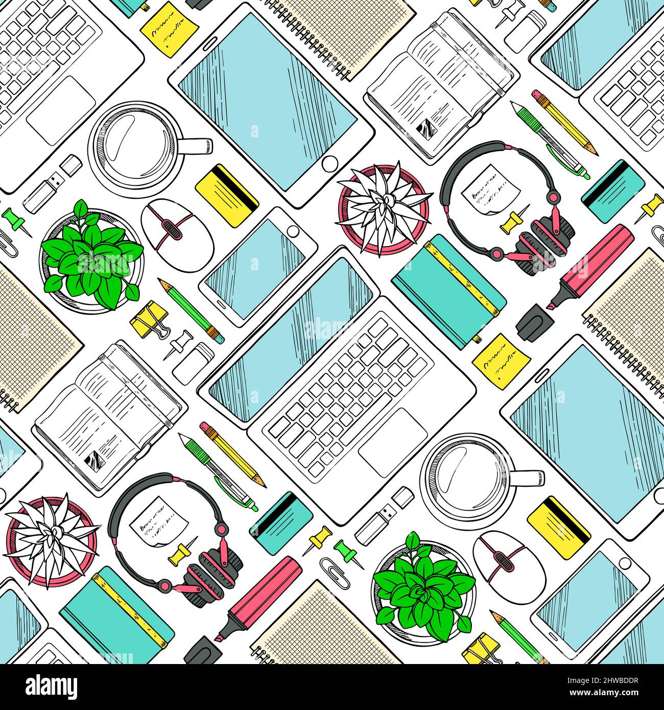 Seamless pattern with hand drawn elements of work and business top view ...