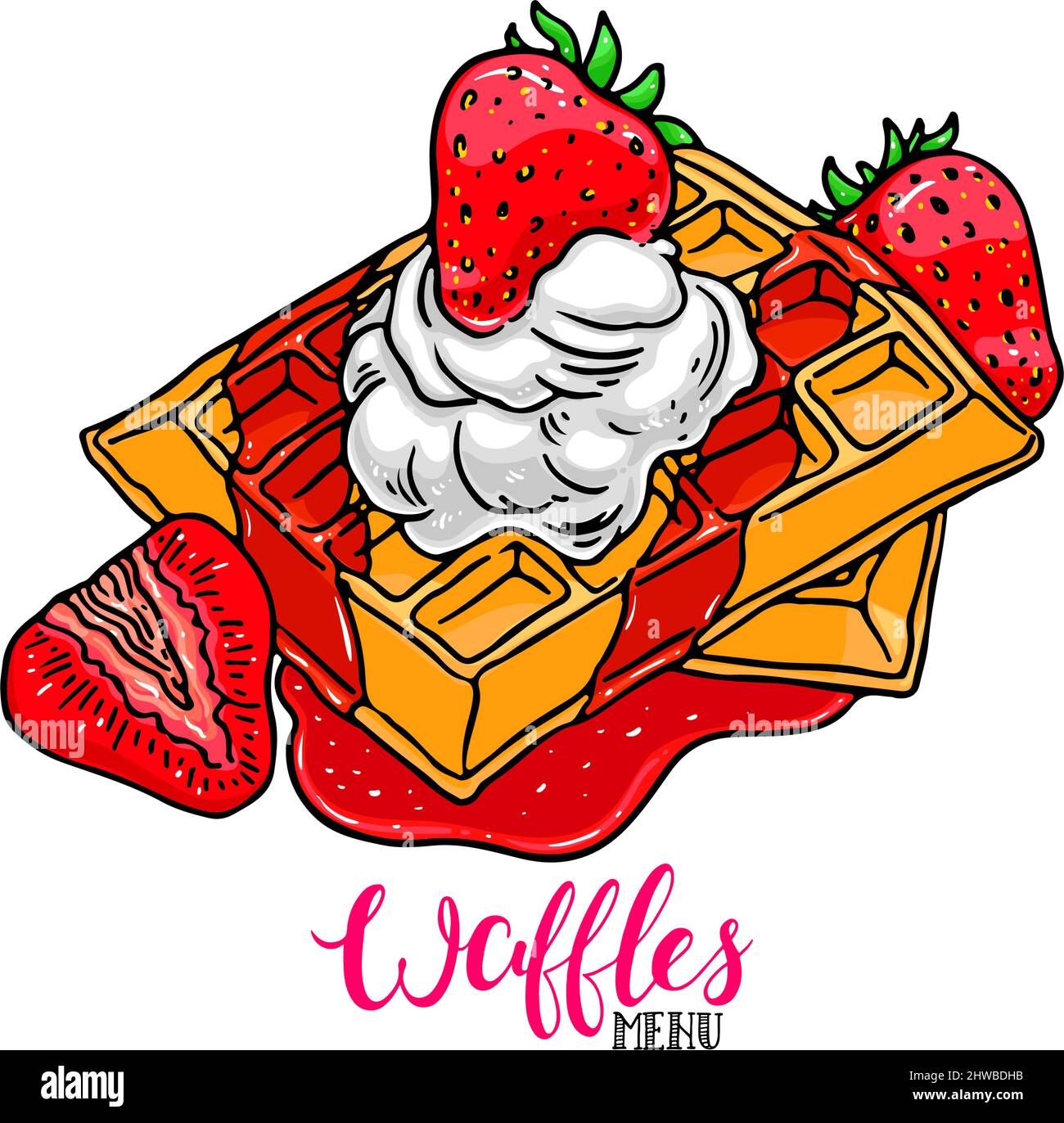 delicious waffles at white background. hand drawn vector illustration ...