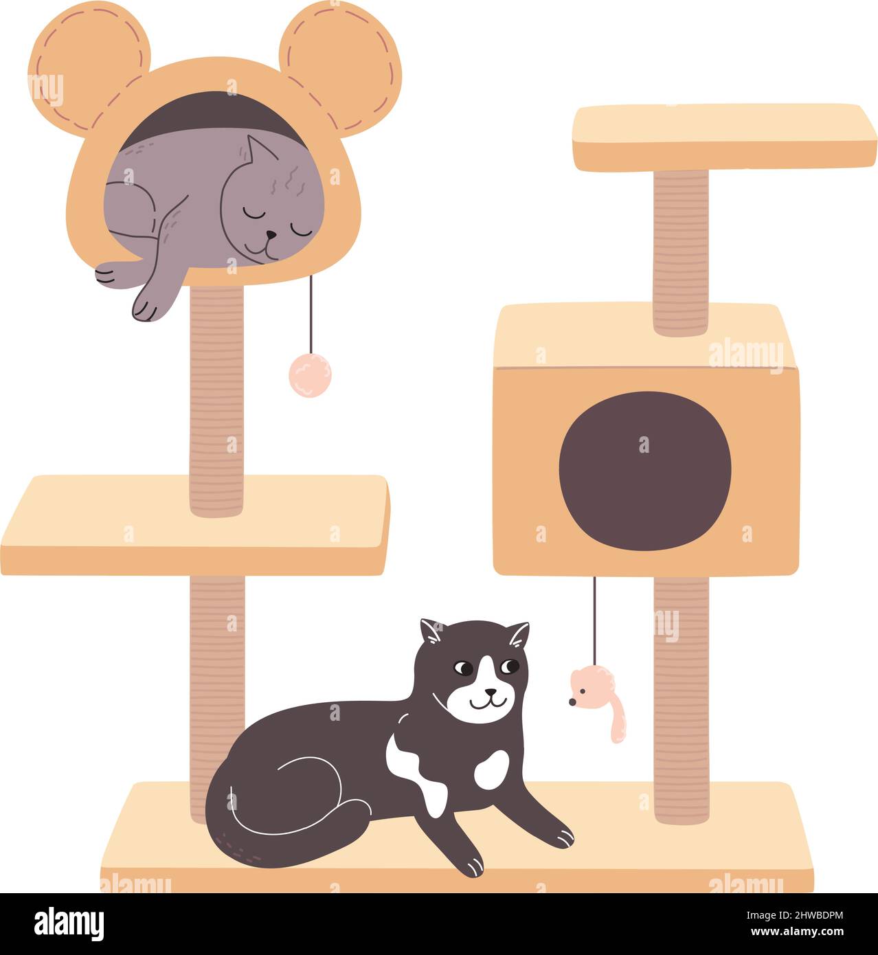 The cats are resting in the cat tower. Luxurious yellow pet house. Cat tree  with a home and a scratching post. Black and white and gray kitten lie on  their furniture. Flat