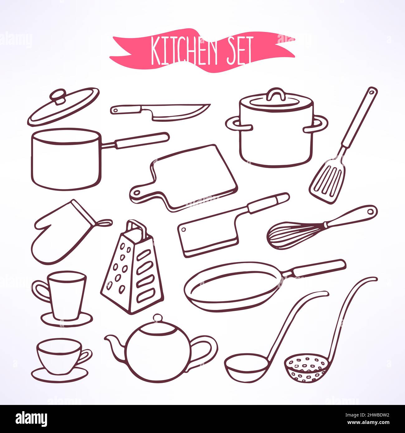 https://c8.alamy.com/comp/2HWBDW2/set-with-various-cooking-facilities-pot-cups-and-teapot-ladle-hand-drawn-illustration-2HWBDW2.jpg