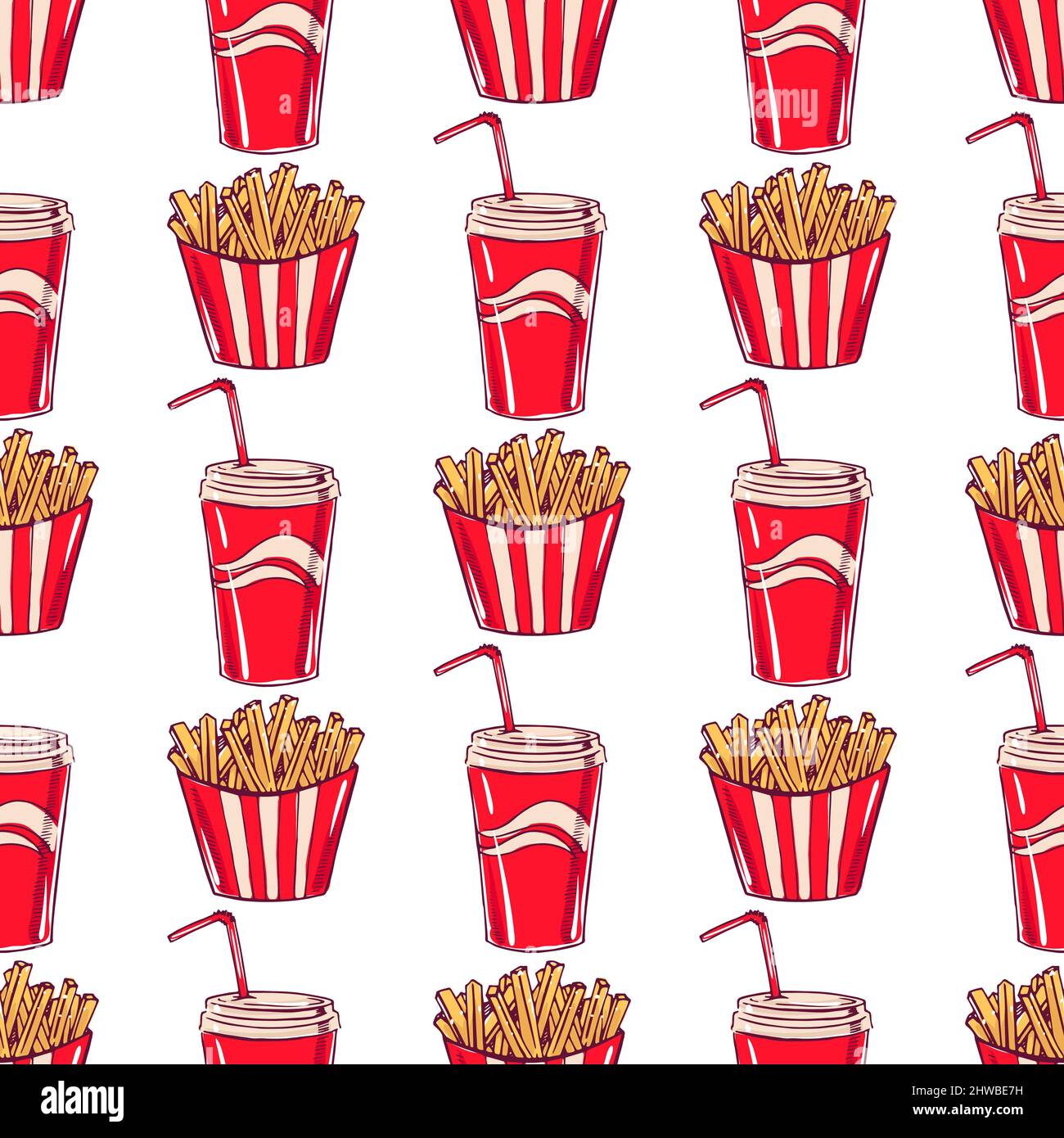 seamless background with appetizing fried potatoes and drinks Stock Vector