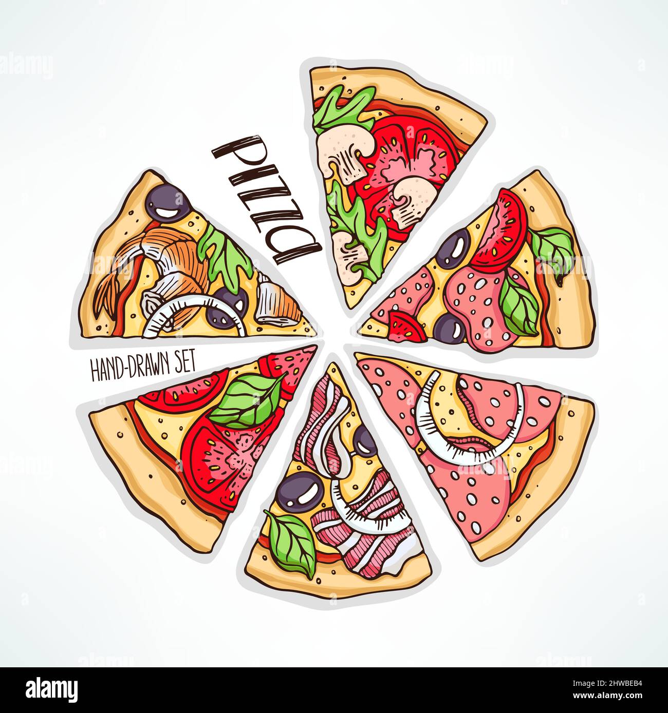 a few slices of pizza with various stuffing. hand-drawn illustration ...