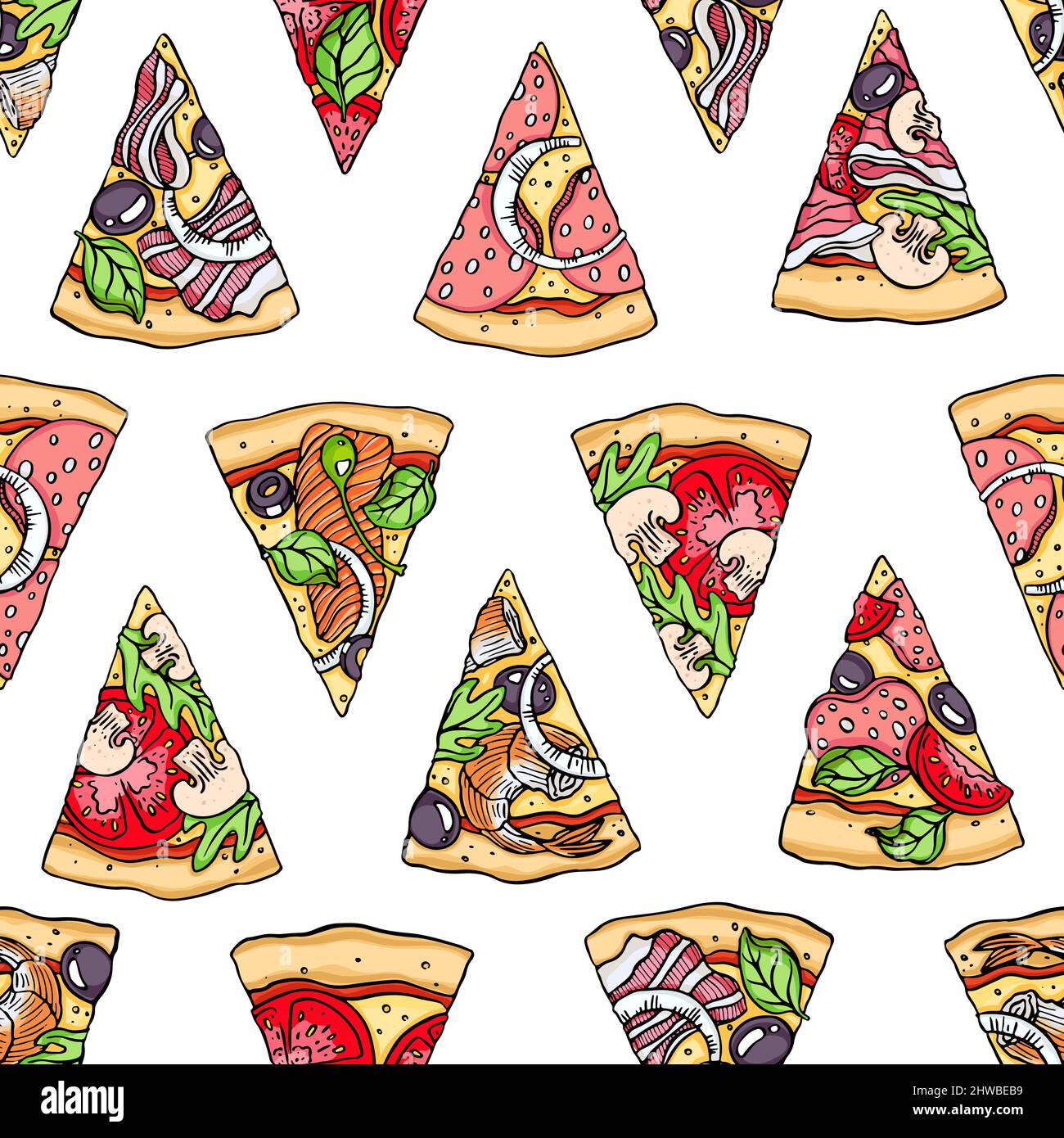 Seamless pattern of hand drawn pizza slices. Vector illustration Stock Vector