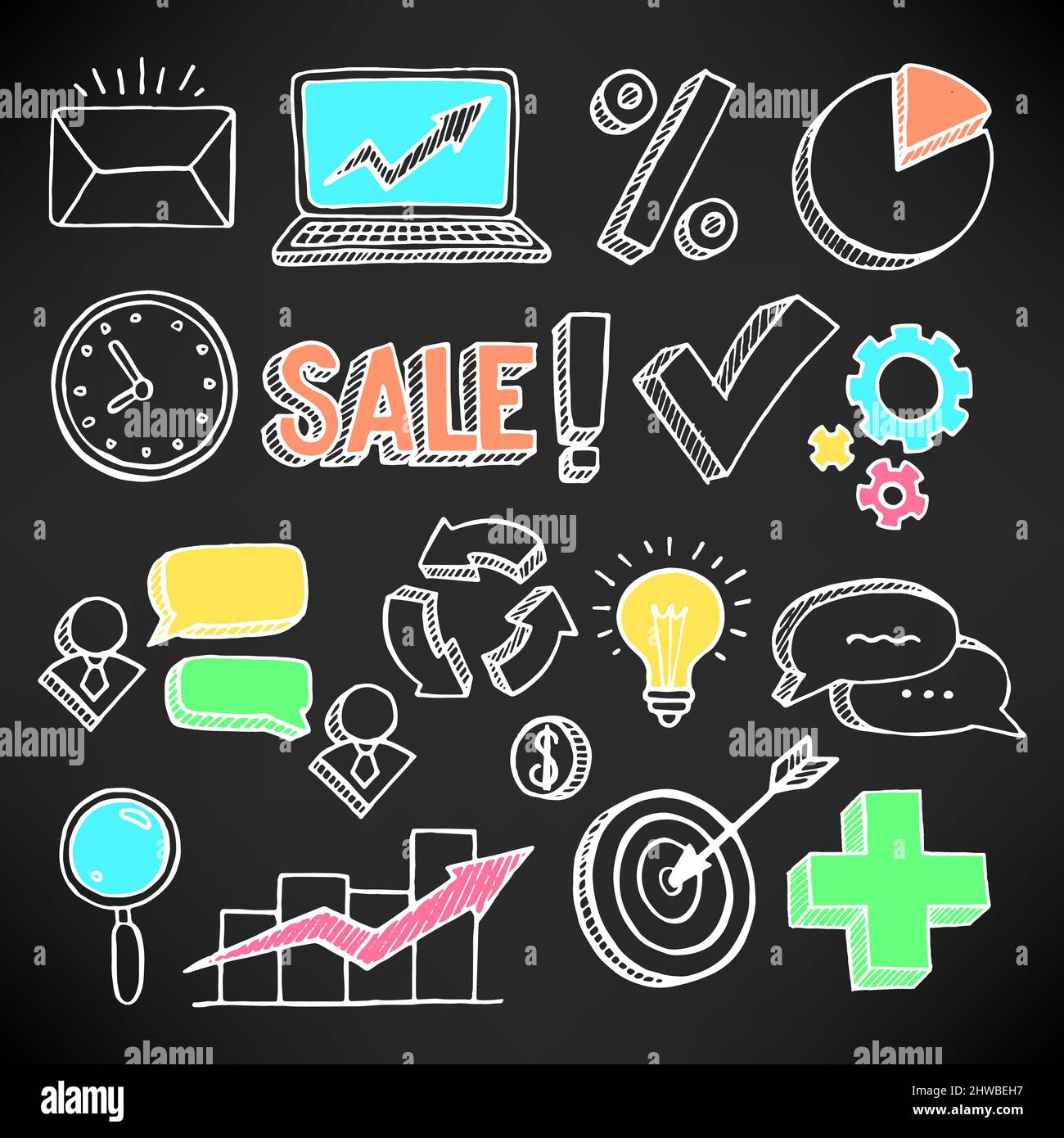 vector set of hand-drawn arrows and bubbles icons on black background Stock Vector