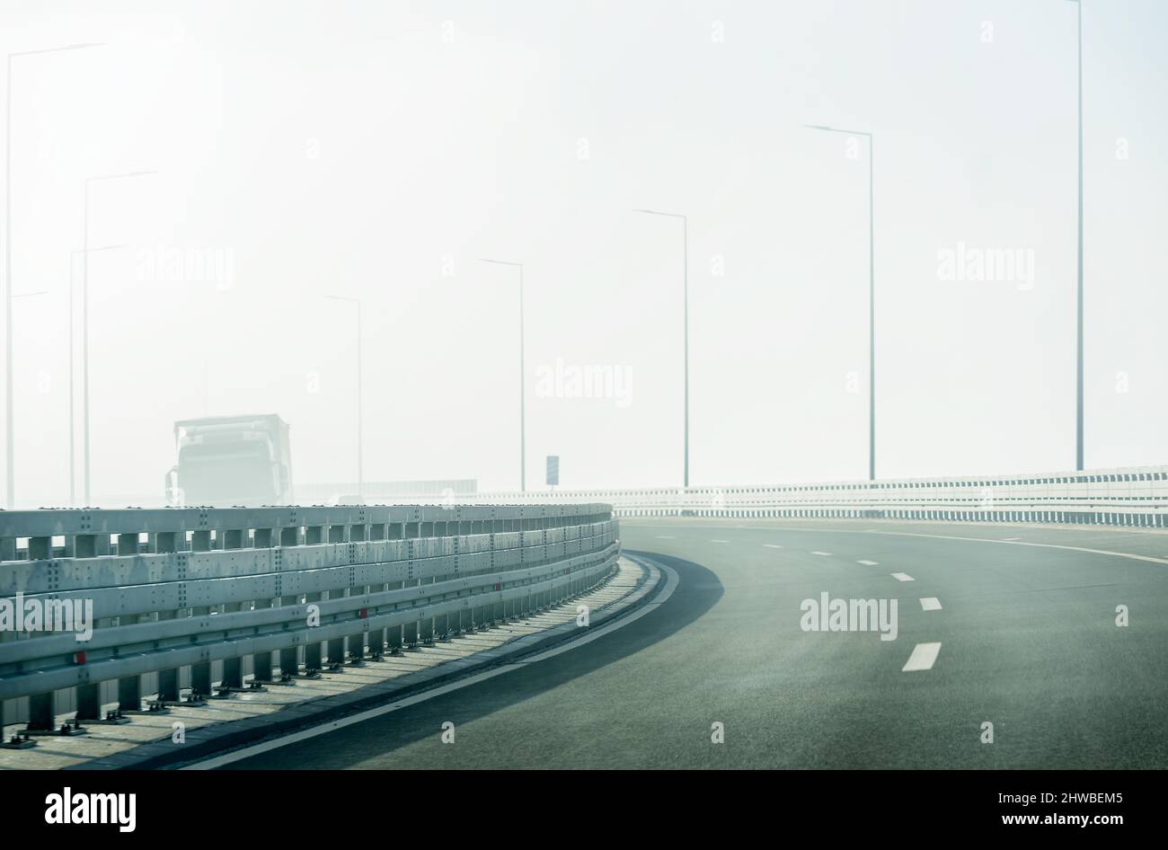 Drive on Highway in heavy fog mist Stock Photo Alamy