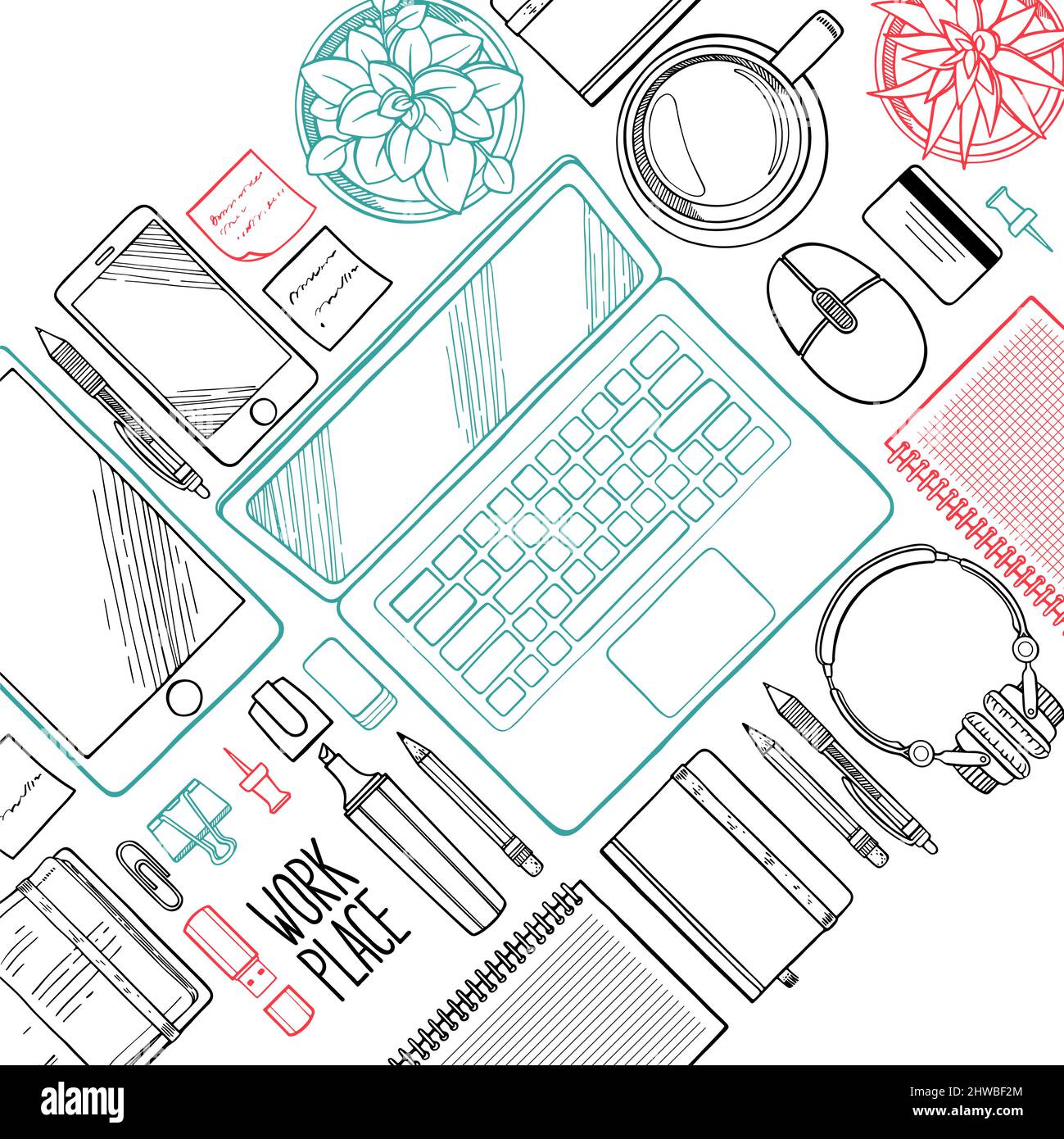 Workspace pattern – Blue tone laptop, keyboard, office items Stock Vector