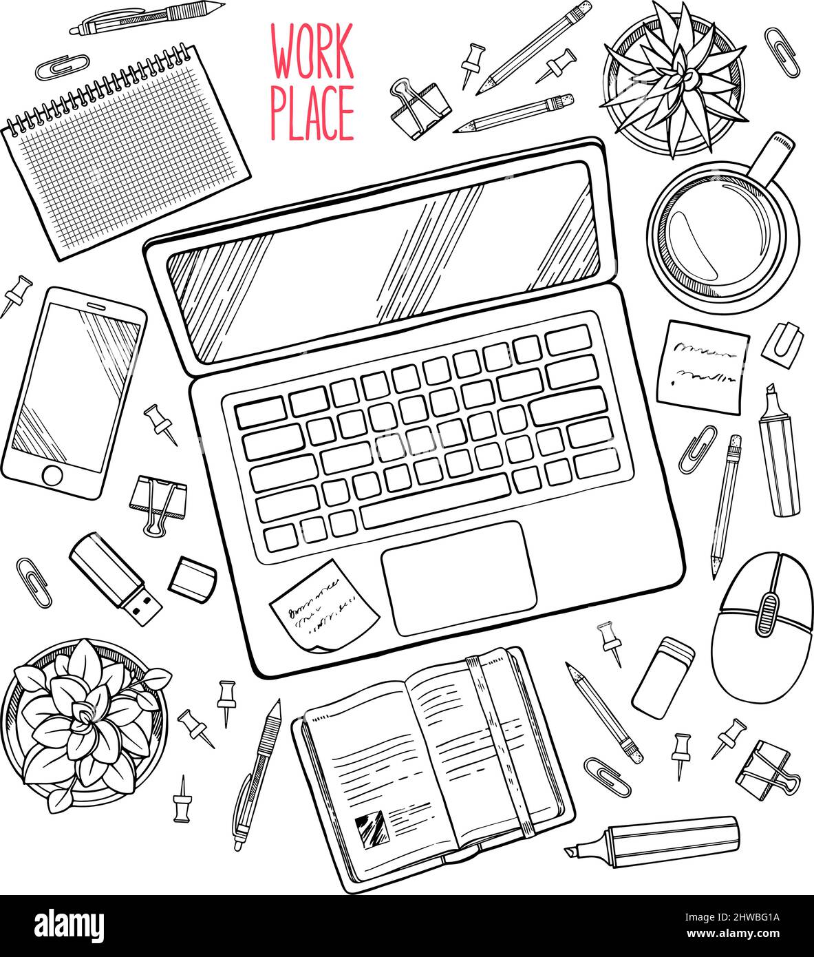 Workspace pattern – Laptop, keyboard, mouse, coffee, notebook, office supplies Stock Vector