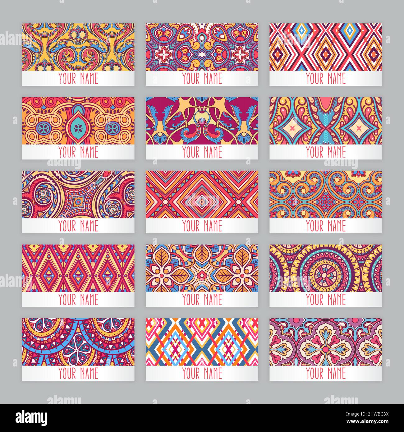 a set of fifteen business cards with vintage floral patterns Stock Vector