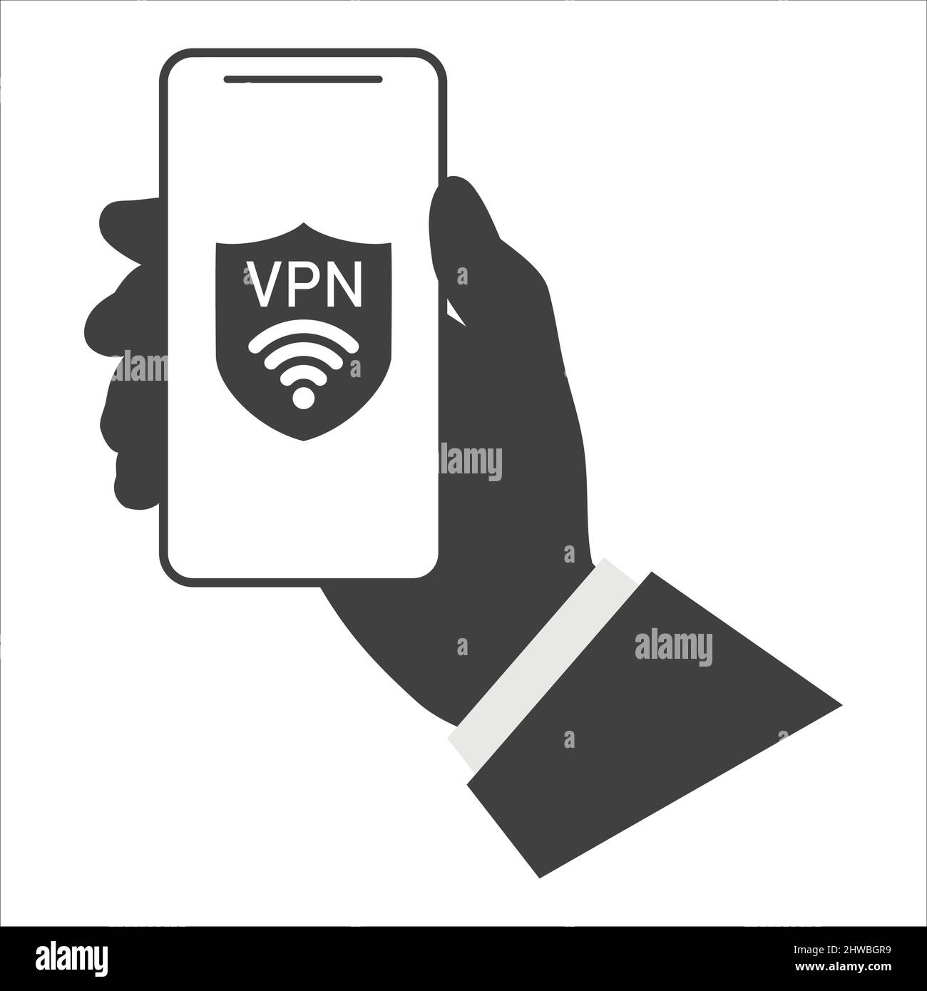 Connecting to VPN mobile network. Hand holding smartphone showing mobile app of a VPN service