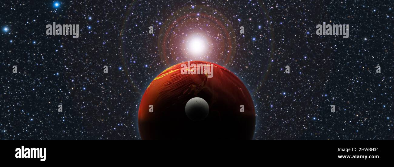 Red dwarf star aligned with a red exoplanet and its moon. Sunrise over alien world.  3d space render banner Stock Photo