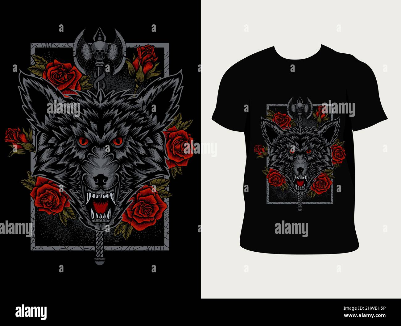 illustration vector angry wolf head with rose flower Stock Vector