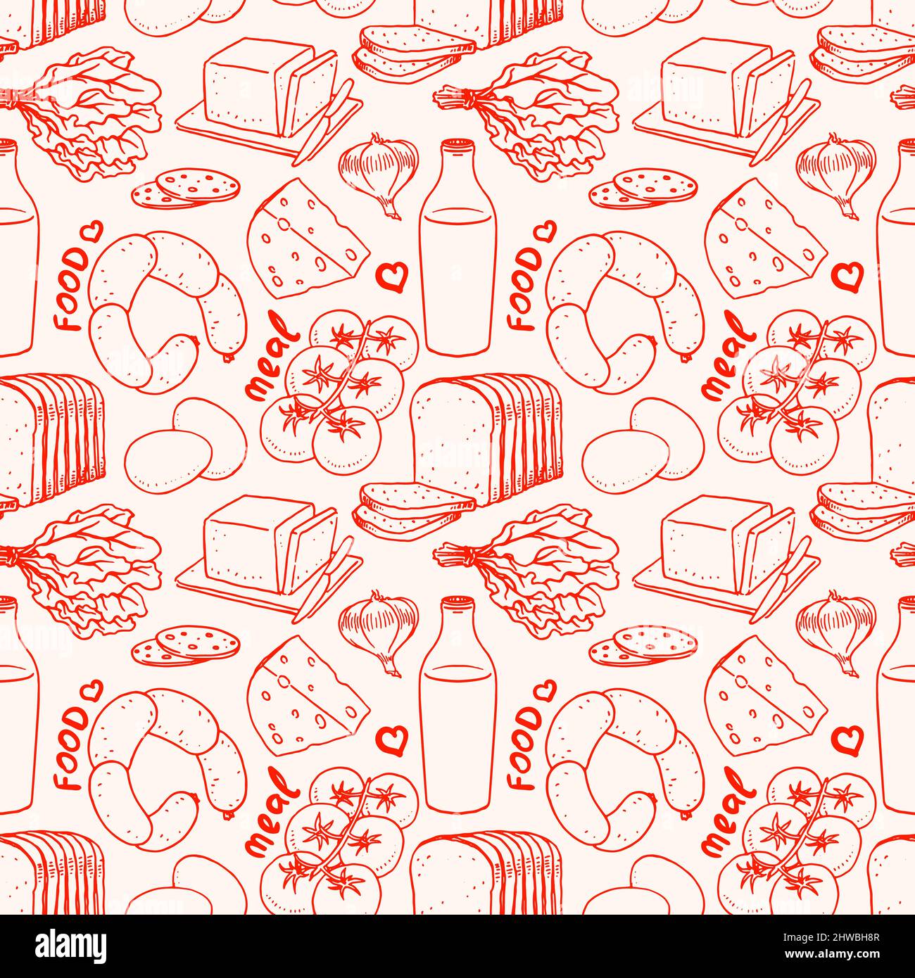 Seamless red and white background with different food Stock Vector