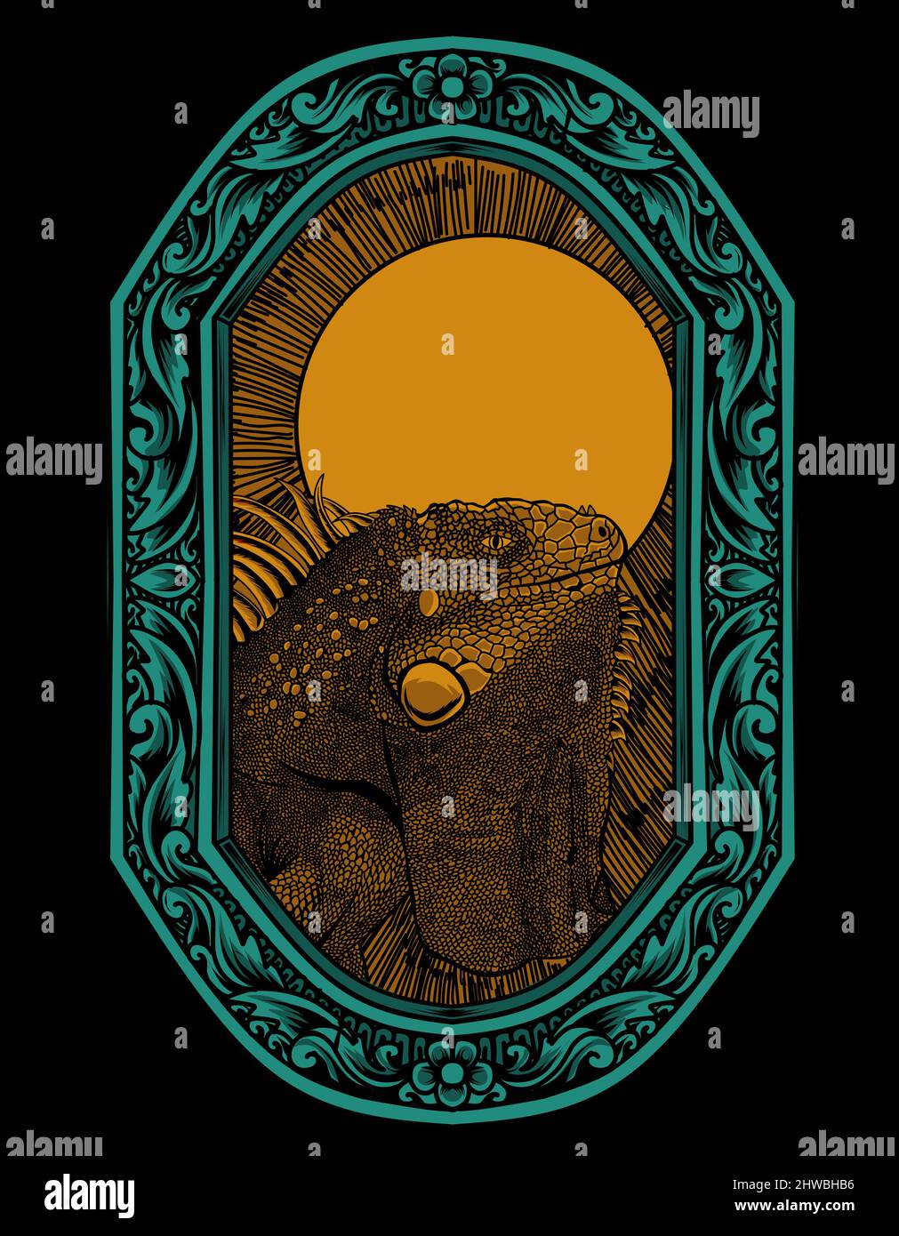 illustration vector iguana with engraving ornament Stock Vector