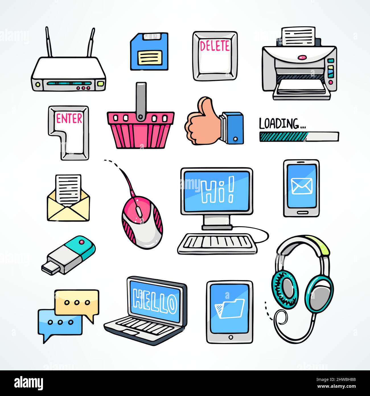 cute set of computer icons on white background. hand-drawn illustration ...