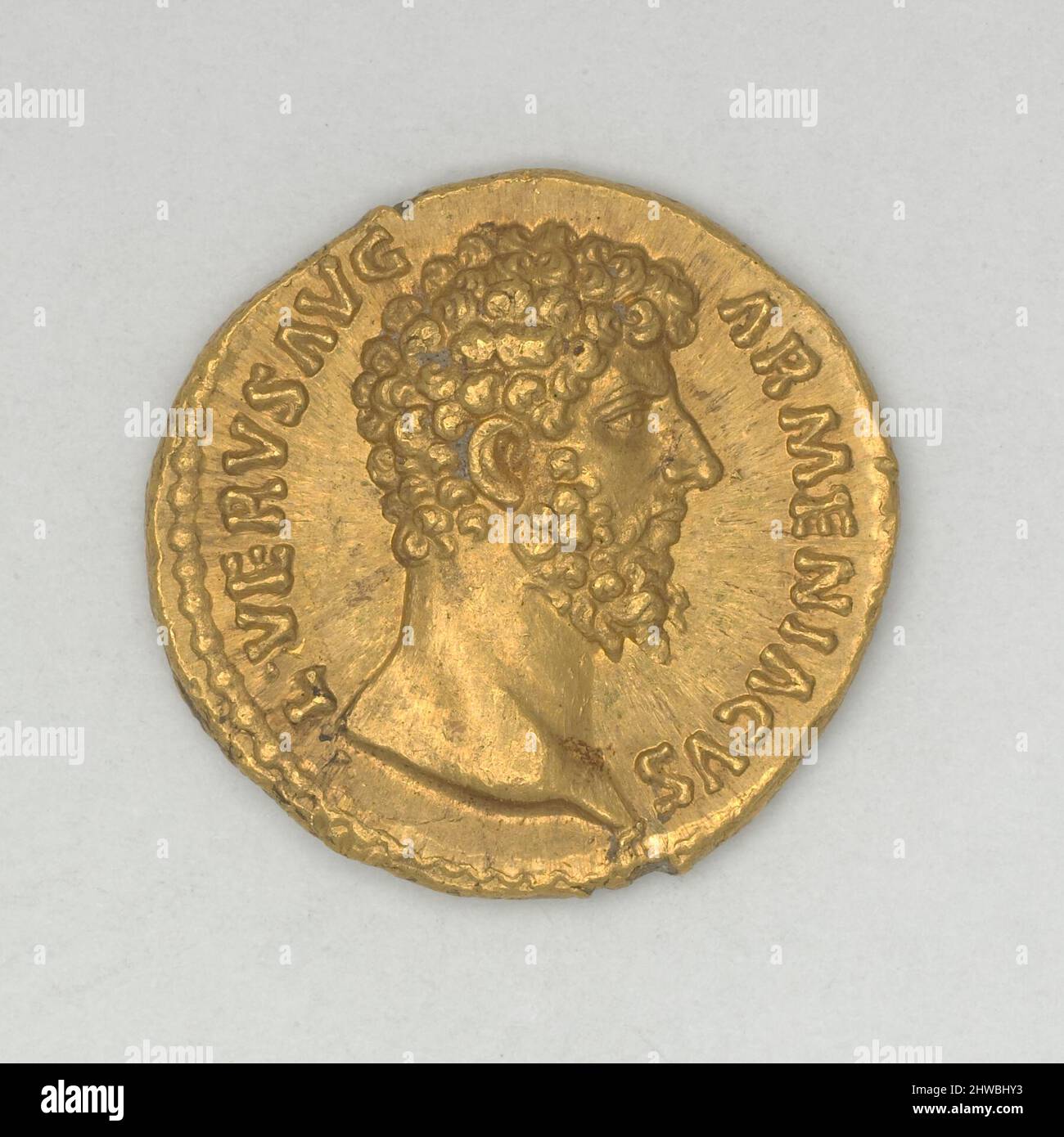 Aureus of L. Verus, Emperor of Rome from Rome. Ruler: L. Verus, Emperor of Rome, A.D. 161-169 Mint: Rome Artist: Unknown Stock Photo